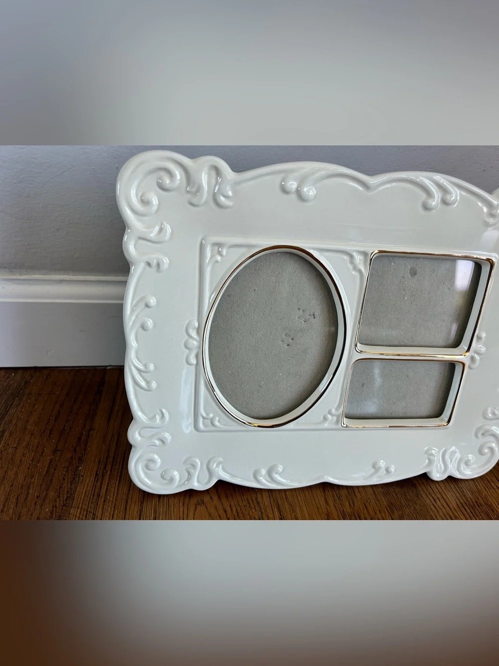 Vintage White Ceramic Collage Frame | Gold Trim, Embossed Scrollwork, Triple Pic